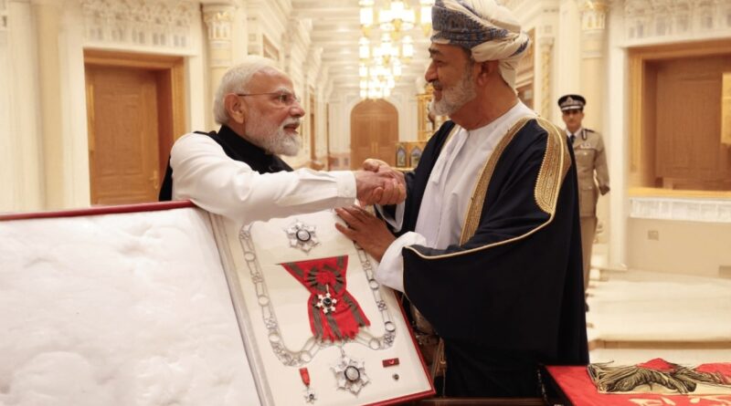 A handshake between India and Oman leaders with trade ships