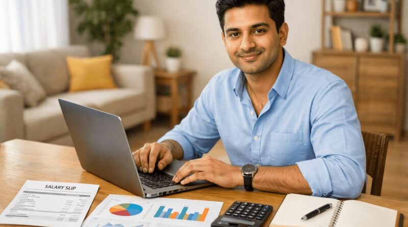 Financial planning with monthly salary on laptop