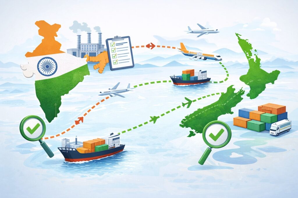 Illustration of global supply chains with quality checks and logistics routes connecting India and New Zealand, modern flat style.