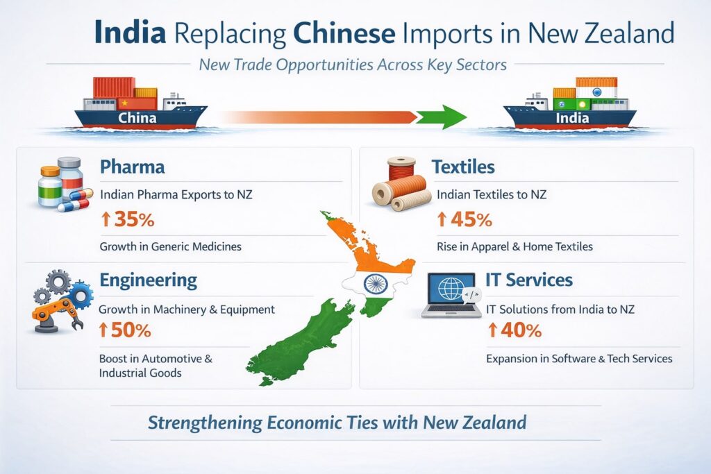 India–New Zealand FTA: A $2 Billion Opportunity to Replace Chinese Imports illustration.