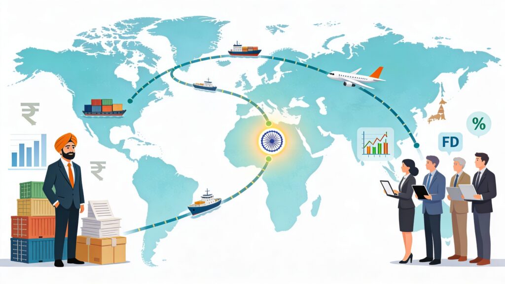 Illustration showing Indian exporters and global investors connected through trade routes.
