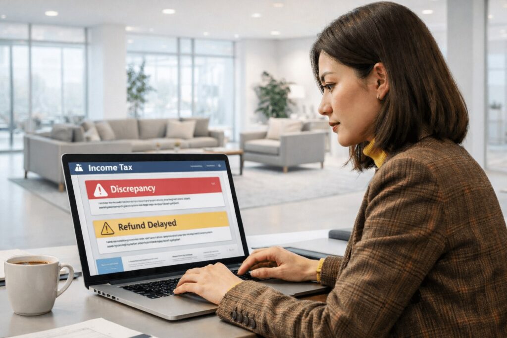 Taxpayer viewing income tax notice on laptop screen causing refund delay and pending processing