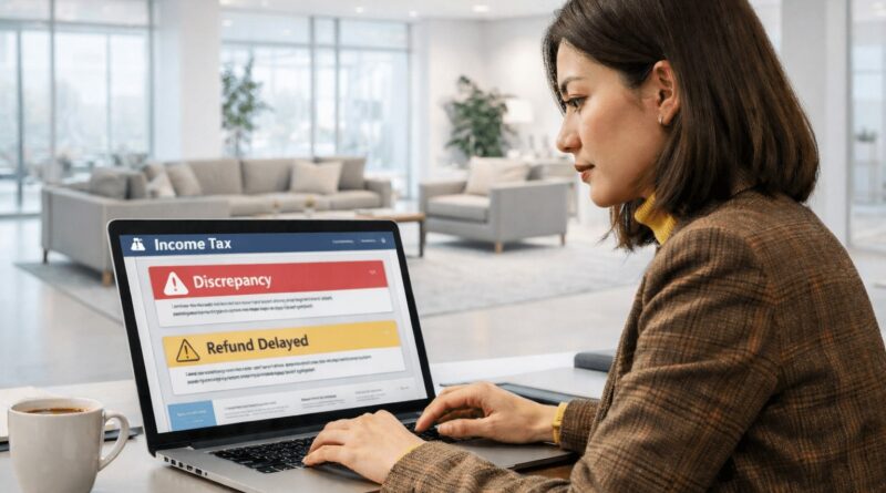 Illustration showing income tax refund delay with pending status and bank credit icon in India