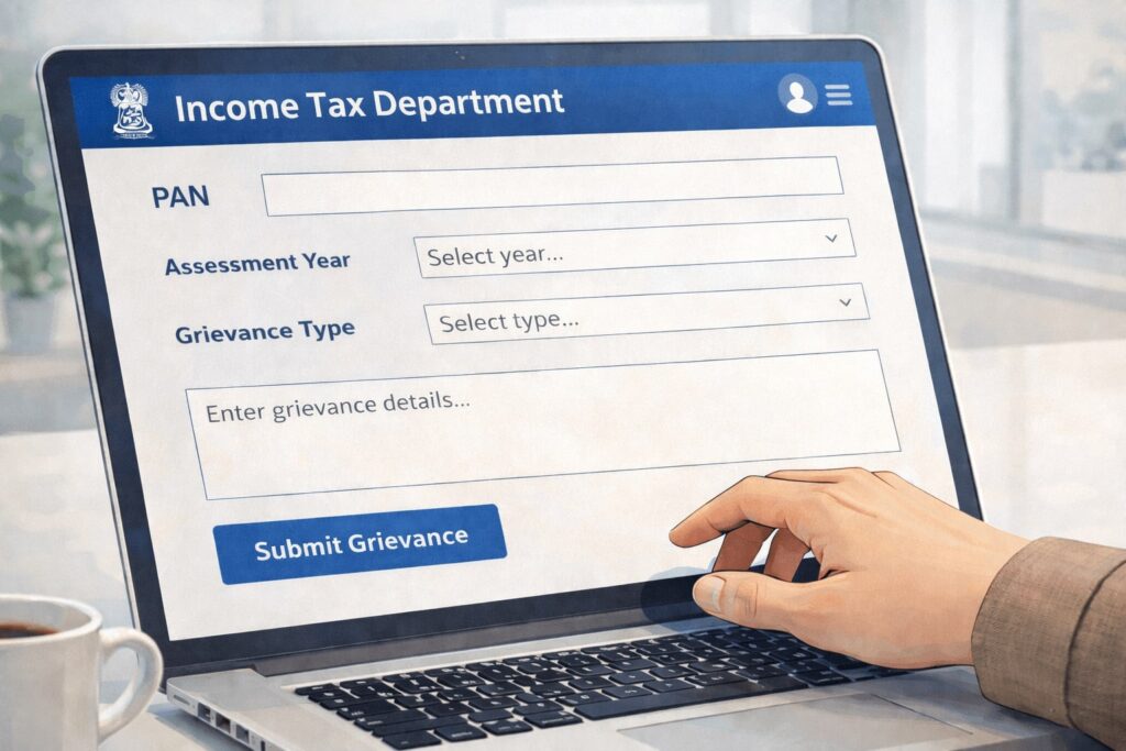 Online grievance form being submitted on income tax portal to resolve delayed refund status