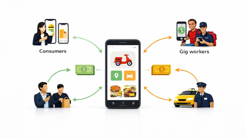 Illustration showing how gig economy platforms connect consumers and gig workers through a mobile app