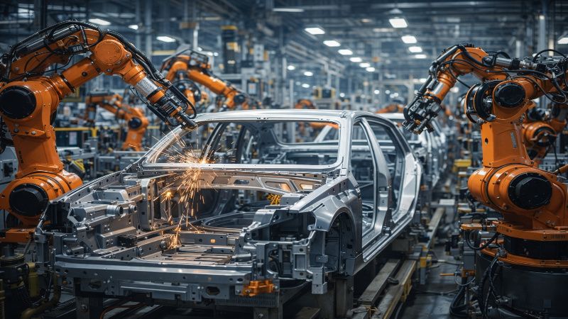 Automobile manufacturing plant showing car production under India EU trade deal impact