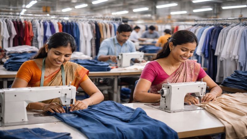 Garment workers in Indian textile factory producing clothes for export to Europe