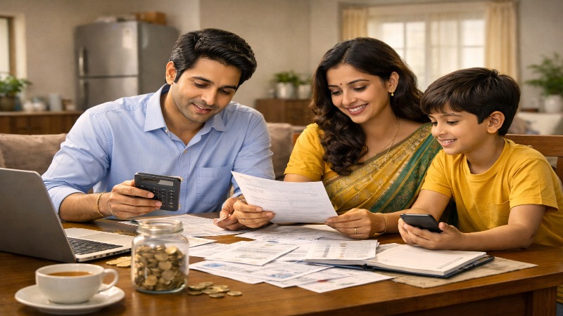 Middle class Indian family reviewing household budget and expenses