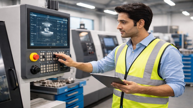 Manufacturing worker operating industrial machine in small business unit