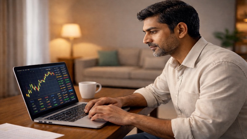 Retail investor analyzing stock market charts on a laptop at home while tracking investment performance and market trends.