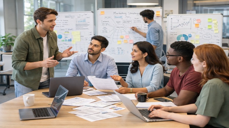Startup team discussing business strategy and growth plans in office
