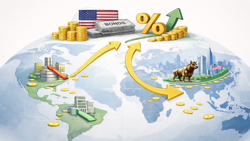 Conceptual illustration showing capital flowing from emerging markets to developed markets due to rising US bond yields and interest rates, impacting global stock markets and FII investments.