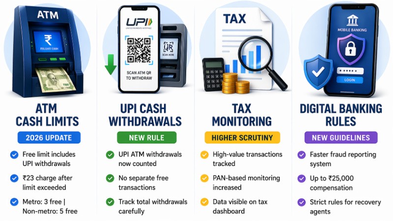Banking rules 2026 key updates ATM limits UPI withdrawals tax monitoring infographic