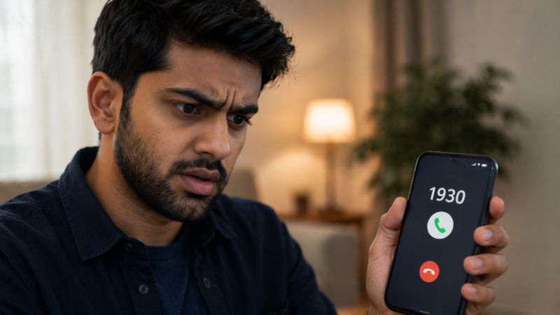Indian user holding smartphone showing 1930 helpline call screen for UPI fraud