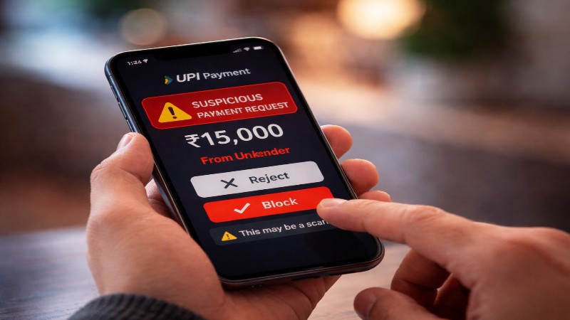 Suspicious UPI payment request showing ₹15000 from unknown sender on smartphone screen